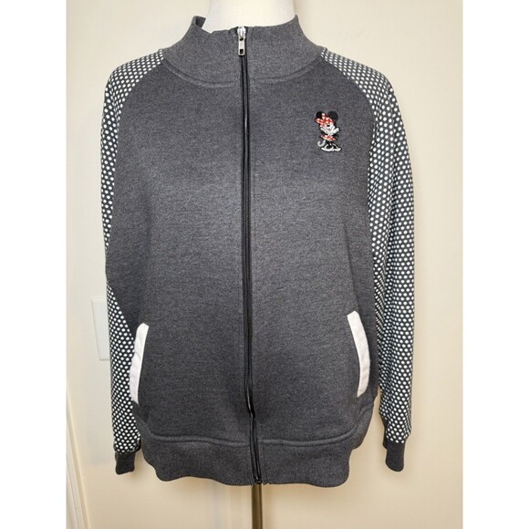 Disney Tops - Disney Parks Minnie Mouse Polka Dot Zip Up Raglan Fleece Gray Bomber Jacket XXL
